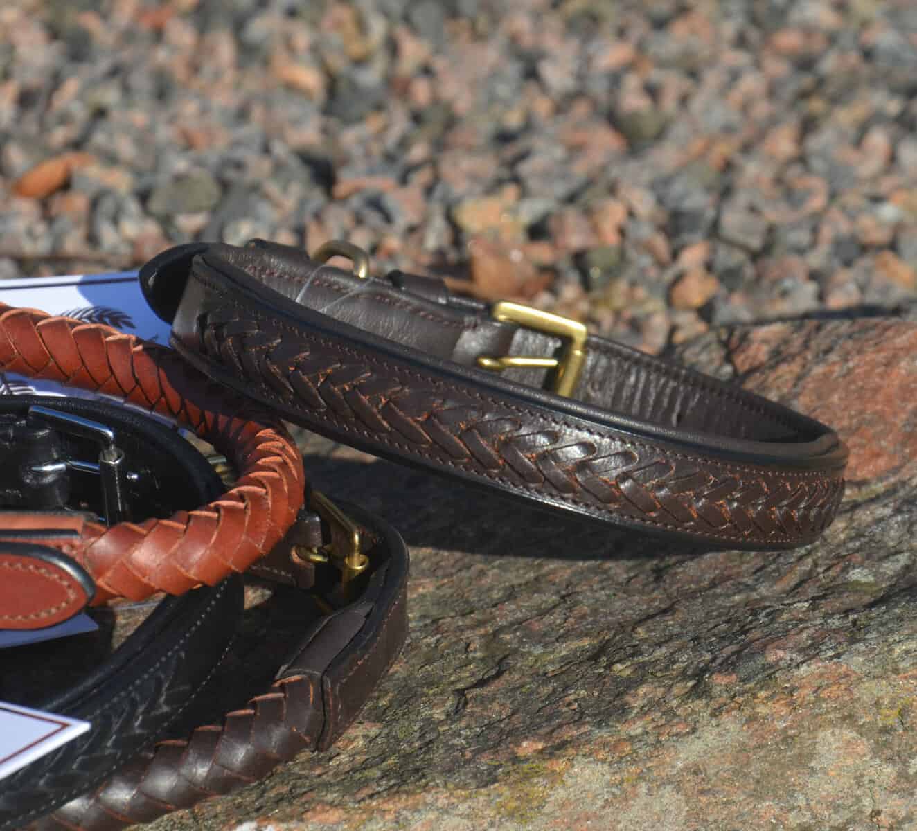 Premium dog collar in plaited natural tanned leather