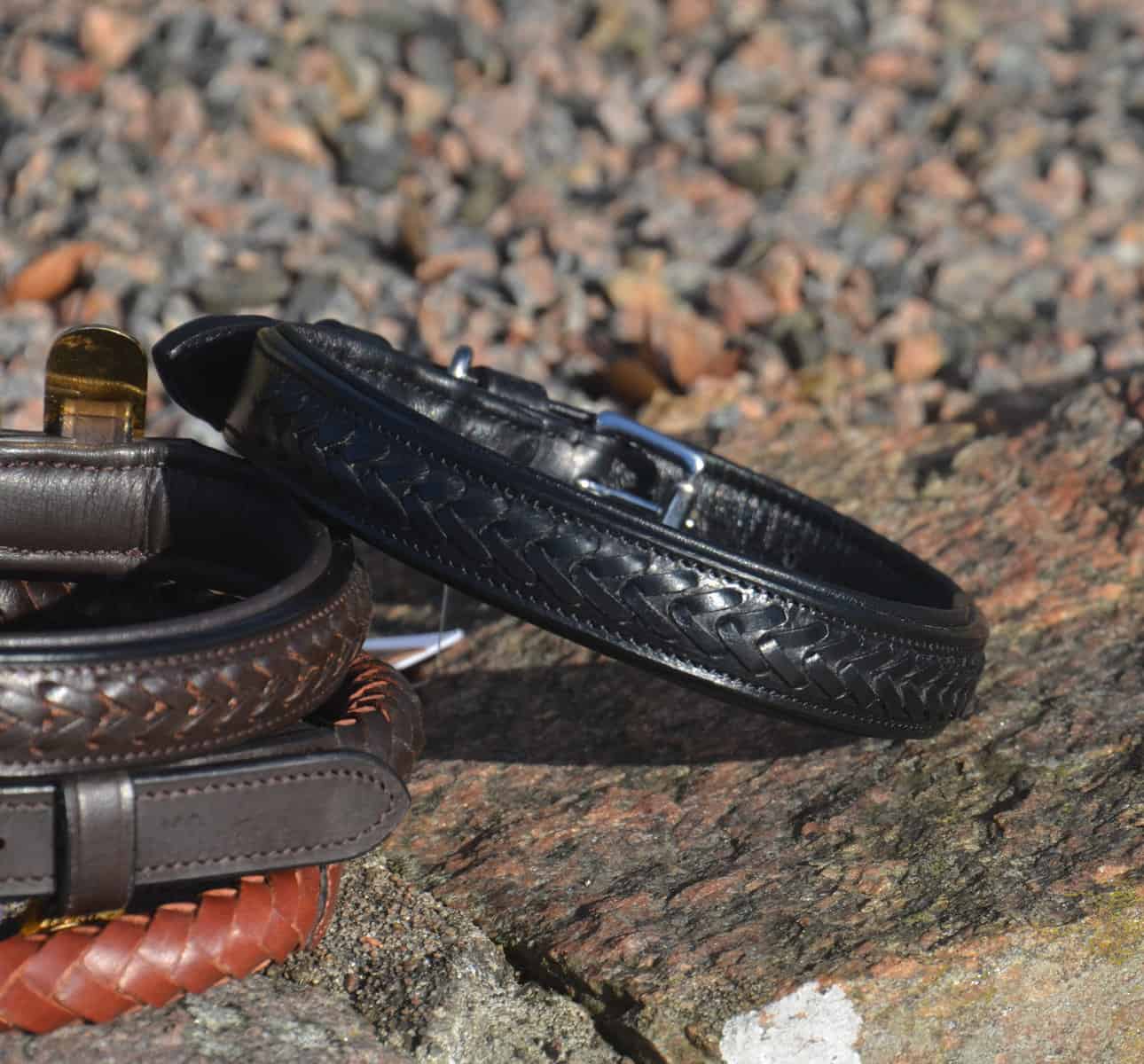 Premium dog collar in plaited natural tanned leather